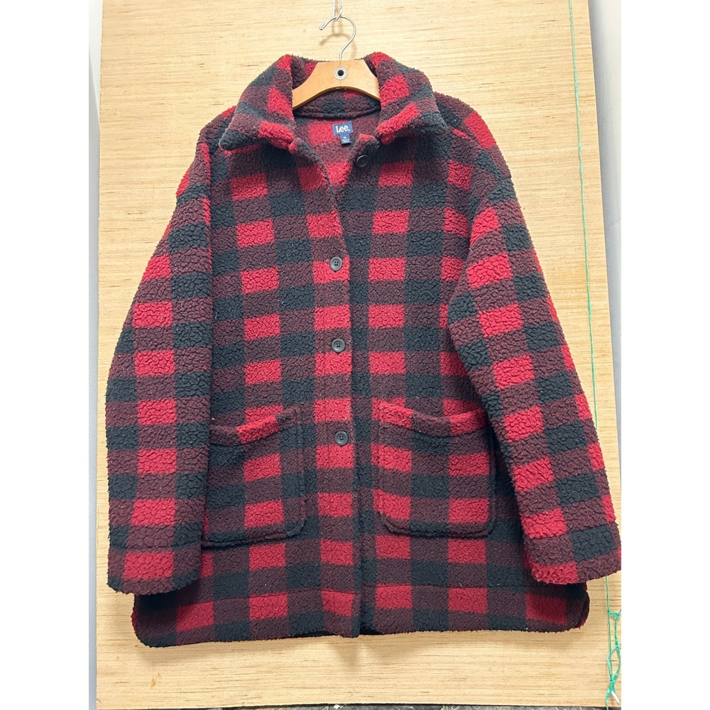 Lee Mens XL Red Black Buffalo Plaid Sherpa‎ Fleece Button Front Jacket Coat